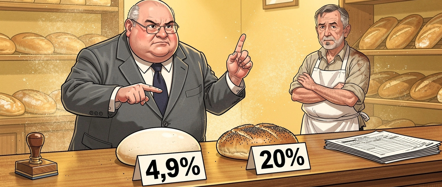 Satire-Illustration: Finanzbeamter prüft mit der Lupe ein Mohnweckerl an der Bäckertheke, Steuerschilder „4,9%