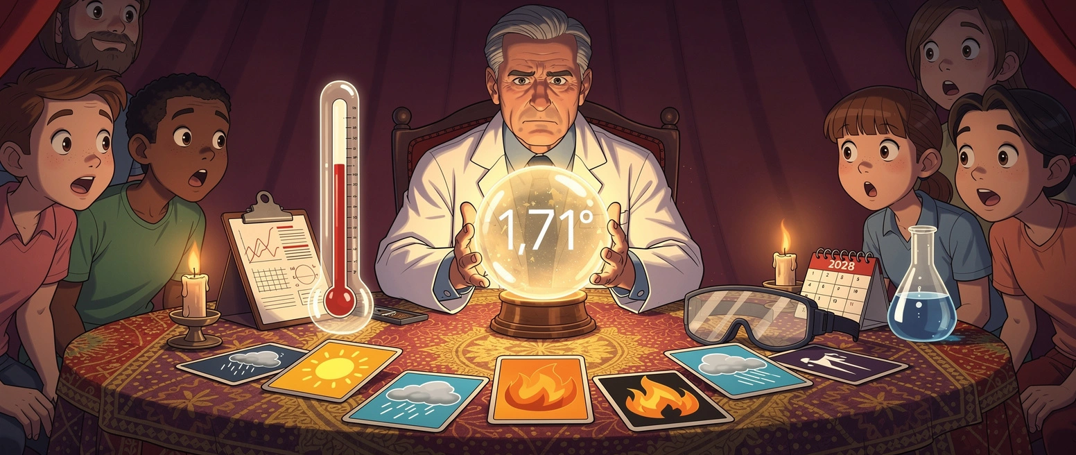 Satire-Illustration: Klimaforscher als Jahrmarkts-Wahrsager mit leuchtender Glaskugel, in der „1,71 °C 2027