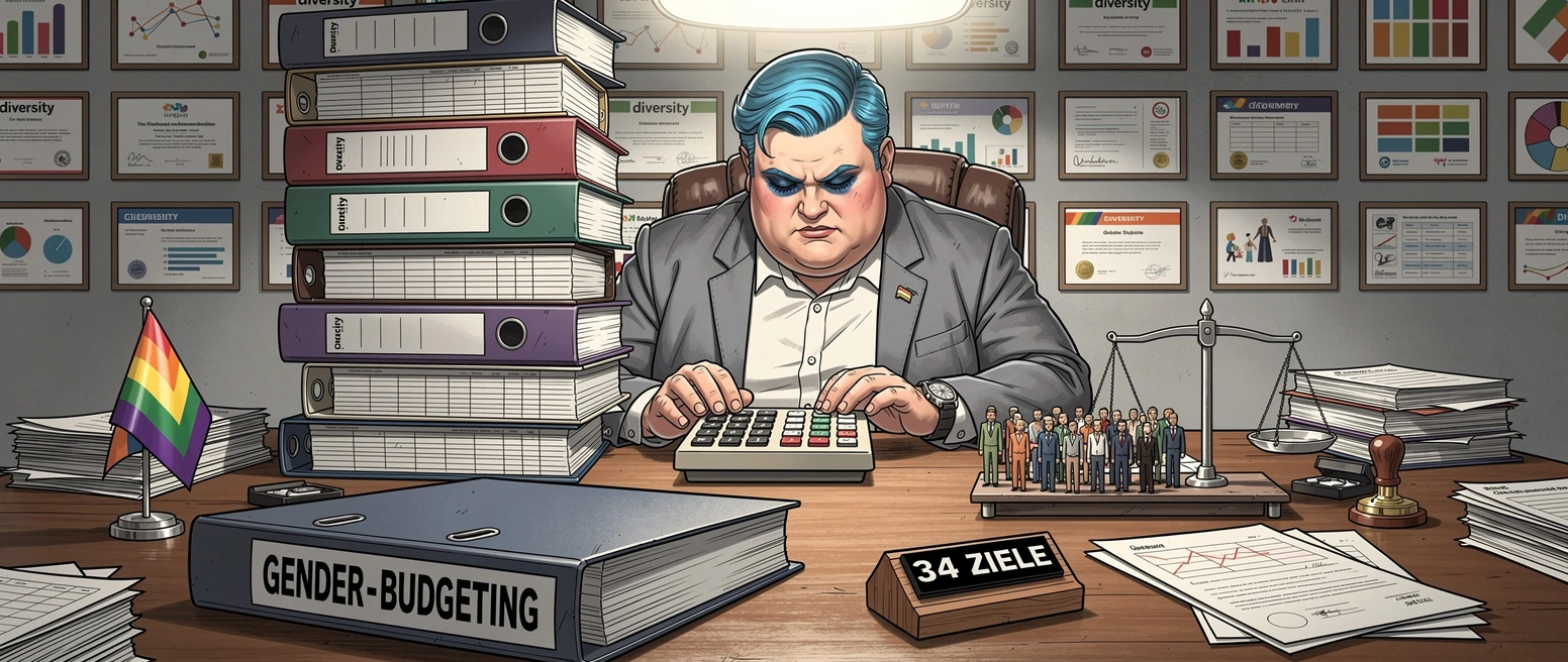 Satire-Illustration: Beamter zählt mit Taschenrechner ♂/♀-Figürchen, Ordner „Gender-Budgeting