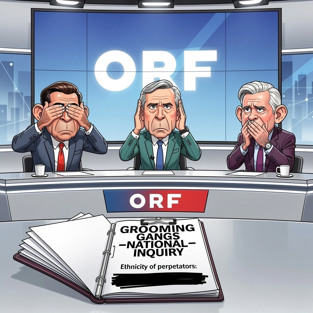 Satire-Illustration: drei ORF-Anchors halten sich Augen, Ohren und Mund zu