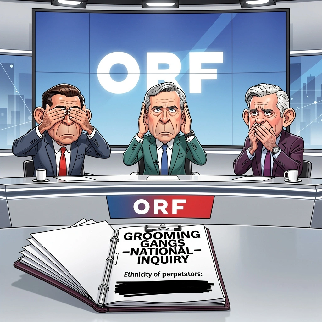 Satire-Illustration: drei ORF-Anchors halten sich Augen, Ohren und Mund zu