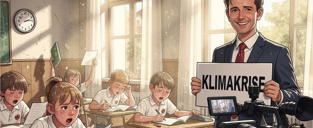 Satire-Illustration: heißes Klassenzimmer, abgesperrter Ventilator, ORF-Reporter mit Schild „Klimakrise“