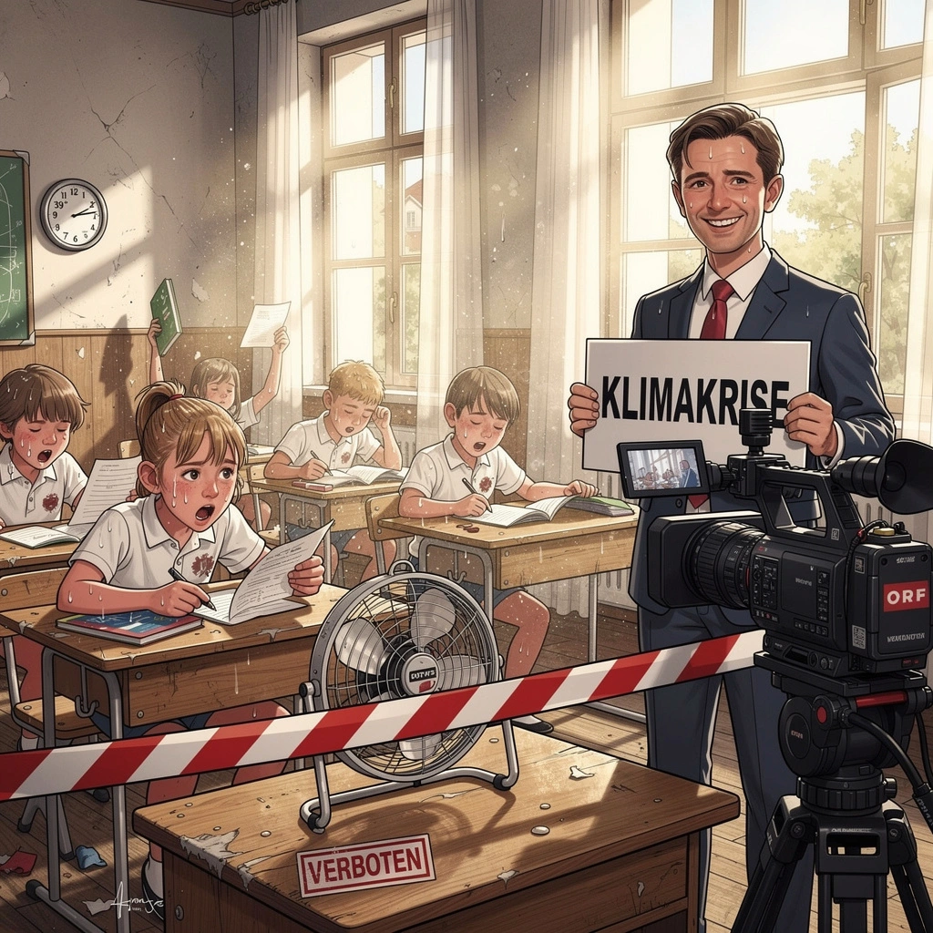 Satire-Illustration: heißes Klassenzimmer, abgesperrter Ventilator, ORF-Reporter mit Schild „Klimakrise“
