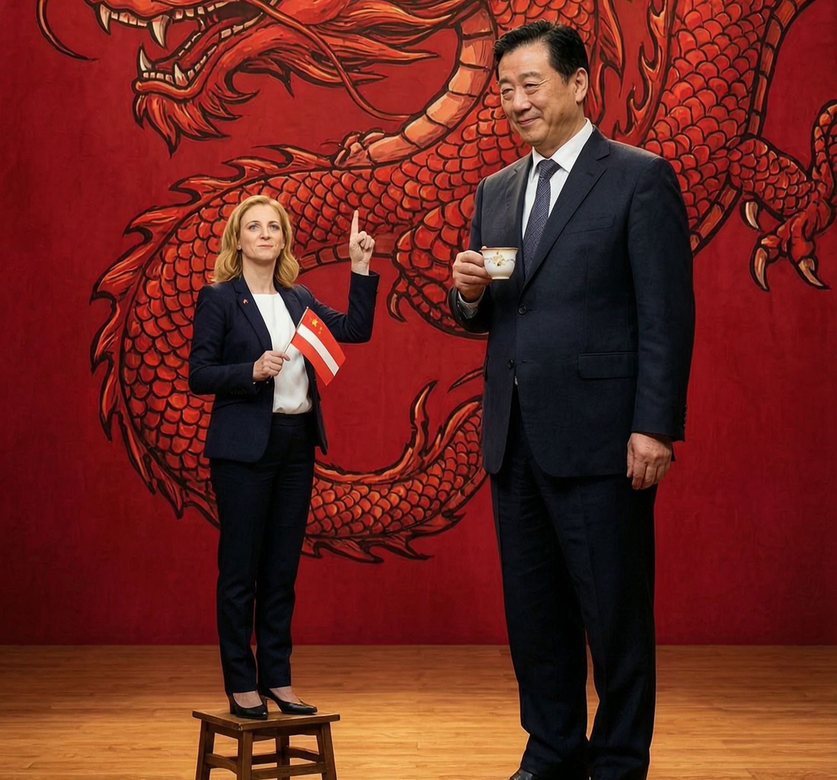 Satire-Illustration: Meinl-Reisinger auf einem Schemel mit erhobenem Zeigefinger neben einem turmhohen, amüsierten chinesischen Gegenüber
